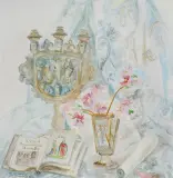 Maja (Maria) Berezowska, MARTWA NATURA Z KSIĄŻKĄ I KWIATAMI, 1953, akwarela, ołówek, papier