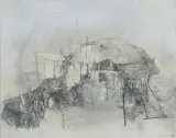 Maria Targońska, DOM, 1986, ołówek, papier naklejony na płótno