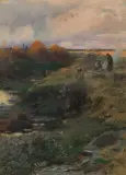 Roman Kochanowski, Krajobraz z ogniskiem, 1896, olej, deska
