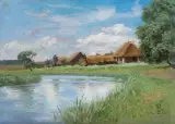 Ferdynand Ruszczyc, WIEŚ NAD RZEKĄ, 1895, olej, płótno naklejone na tekturę