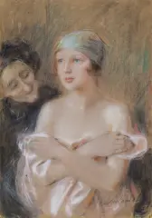 Teodor Axentowicz, STAROŚĆ I MŁODOŚĆ, pastel, akwarela, papier naklejony na tekturę
