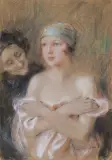 Teodor Axentowicz, STAROŚĆ I MŁODOŚĆ, pastel, akwarela, papier naklejony na tekturę