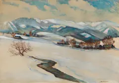Stephan Filipkiewicz, PEJZAŻ Z WIDOKIEM NA GIEWONT, akwarela, gwasz, karton