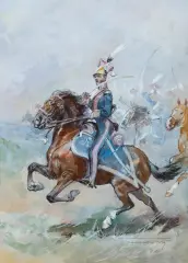 Antoni Trzeszczkowski, SZARŻA SZWOLEŻERÓW W 1809 ROKU, akwarela, gwasz, papier