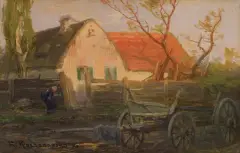 Roman Kochanowski, PEJZAŻ WIEJSKI, olej, deska mahoniowa