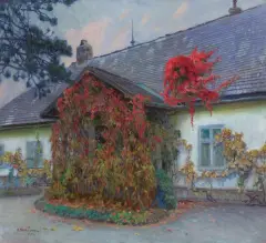 Abraham Neuman, DWOREK W BLUSZCZACH, 1915, olej, płótno