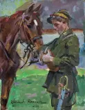 Wojciech Kossak, UŁAN Z KONIEM, 1930, olej, karton