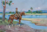 Jerzy Kossak, UŁAN U BRODU, 1946, olej, tektura