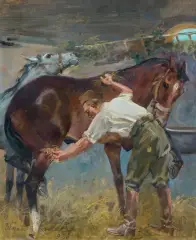 Wojciech Kossak, W STAJNI, 1938, olej, tektura