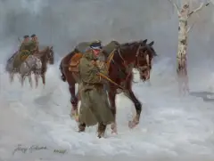 W ZADYMCE by Jerzy Kossak, 1927, olej, tektura, sold Jun 2026