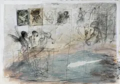 Henryk Cześnik, PRZODOWNICY. 1 MAJA – ŚWIĘTO, 1994, ołówek, tusz pióro, akwarela, akryl, collage, papier