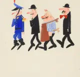 Mirosław Pokora, POLICJANT BASTIAN, RZEŹNIK I DWAJ PANOWIE, 1973, gwasz, akwarela, papier