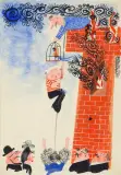 Mirosław Pokora, POŻAR NA WIEŻY TOBIASZA, 1973, akwarela, gwasz, tusz pióro papier