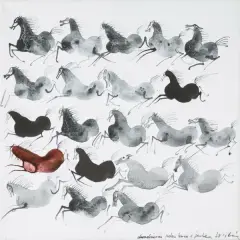 Józef Wilkoń, DWADZIEŚCIA JEDEN KONI I JEDEN, 2011, tusze barwne, płótno