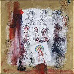 Krzysztof Bednarski, STABAT MATER DOLOROSA, 2022, olej, stempel, collage, płótno