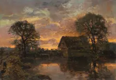 Wiktor Korecki, MŁYN O ZACHODZIE SŁOŃCA, olej, tektura