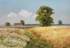 Wiktor Korecki, PEJZAŻ Z POLEM GRYKI, przed 1939, olej, tektura