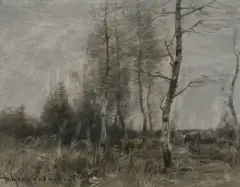 Roman Kochanowski, PEJZAŻ Z BRZOZAMI, ok. 1920, olej, papier naklejony na karton i deskę