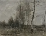 Roman Kochanowski, PEJZAŻ Z BRZOZAMI, ok. 1920, olej, papier naklejony na karton i deskę