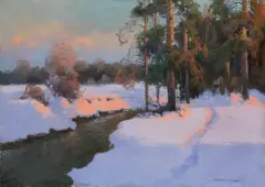 Potok wśród śniegu by Wiktor Korecki, przed 1939, olej, płótno, sold Mar 2026