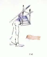Tadeusz Kantor, Człowiek z krzesłem, lata 80., flamaster, pastel, collage, papier
