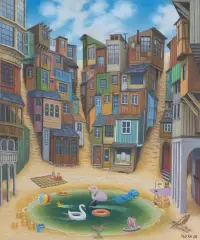 Jacek Yerka, UTRACONE KĄPIELISKO, 2026, pastel, papier, naklejony na tekturę