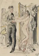RYSUNEK NR 4 Z CYKLU "MALARZ I MODELKA" by Antoni Uniechowski, tusz pióro, pędzel, akwarela, papier, sold Feb 2026