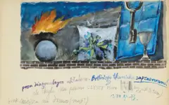 Zbigniew Makowski, KOMPOZYCJA Z KLUCZEM I KIELICHEM, 1973, akwarela, gwasz, papier