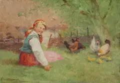 Adam Setkowicz, DZIEWCZYNA Z KURAMI, olej, płótno naklejone na tekturę