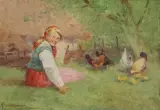 Adam Setkowicz, DZIEWCZYNA Z KURAMI, olej, płótno naklejone na tekturę