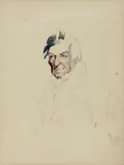 Piotr Michałowski, PORTRET MĘŻCZYZNY, ołówek, akwarela, papier naklejony na tekturę