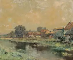 Josef Burger, DOMKI NAD RZEKĄ, olej, tektura