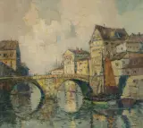 Rudolf Priebe, PEJZAŻ Z KAMIENNYM MOSTKIEM, olej, płótno
