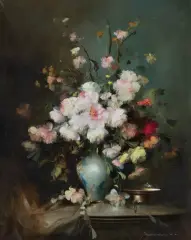 Endre Kömpöczy Balogh, KWIATY W PORCELANOWEJ WAZIE, olej, płótno