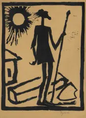 Tymon Niesiołowski, Don Kichot przed oberżą, 1955, linoryt, papier