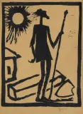 Tymon Niesiołowski, Don Kichot przed oberżą, 1955, linoryt, papier