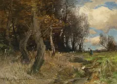 KOBIETA ZBIERAJĄCA CHRUST NA SKRAJU LASU by Roman Kochanowski, olej, deska, sold Dec 2025