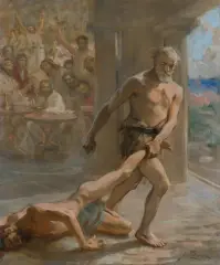 Jan Styka, ODYSEUSZ POKONUJE IROSA, ok. 1923, olej, płótno