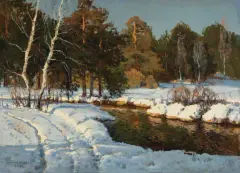Wiktor Korecki, PEJZAŻ ZIMOWY Z RZEKĄ, 1955, olej, karton naklejony na tekturę