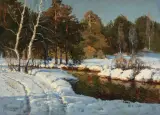 Wiktor Korecki, PEJZAŻ ZIMOWY Z RZEKĄ, 1955, olej, karton naklejony na tekturę
