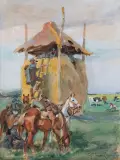 NA ZWIADZIE by Wojciech Kossak, 1917, akwarela, gwasz, ołówek, papier nakl. na tekturę, sold Dec 2025