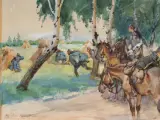 DO ATAKU! by Wojciech Kossak, 1917, akwarela, gwasz, ołówek, papier nakl. na tekturę, sold Dec 2025