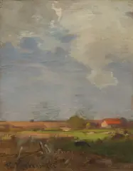 PEJZAŻ Z CZERWONYM DACHEM by Roman Kochanowski, ok. 1900-1910, olej, tektura naklejona na deskę, sold Dec 2025