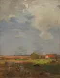 Roman Kochanowski, PEJZAŻ Z CZERWONYM DACHEM, ok. 1900-1910, olej, tektura naklejona na deskę