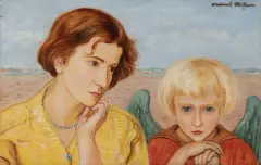 DZIEWCZYNA I ANIOŁ by Vlastimil Hofman, olej, sklejka, sold Dec 2025