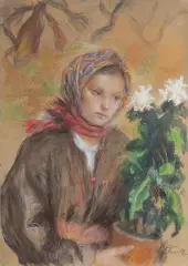 Teodor Axentowicz, DZIEWCZYNA Z KWIATAMI, 1936, pastel, akwarela, ołówek, tektura