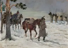 ODWRÓT SPOD MOSKWY by Jerzy Kossak, 1934, olej, sklejka, offered Dec 2025
