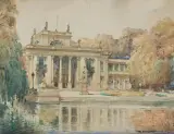 Władysław Chmieliński, PAŁAC NA WODZIE, przed 1939, akwarela, ołówek, papier naklejony na tekturę