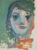 GŁOWA DZIEWCZYNY ZIELONO-CZERWONA by Artur Nacht-Samborski, olej, papier kremowy, offered Dec 2025