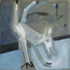 PIES SKOCZEK by Teresa Pągowska, 2002, akryl, płótno, sold Dec 2025